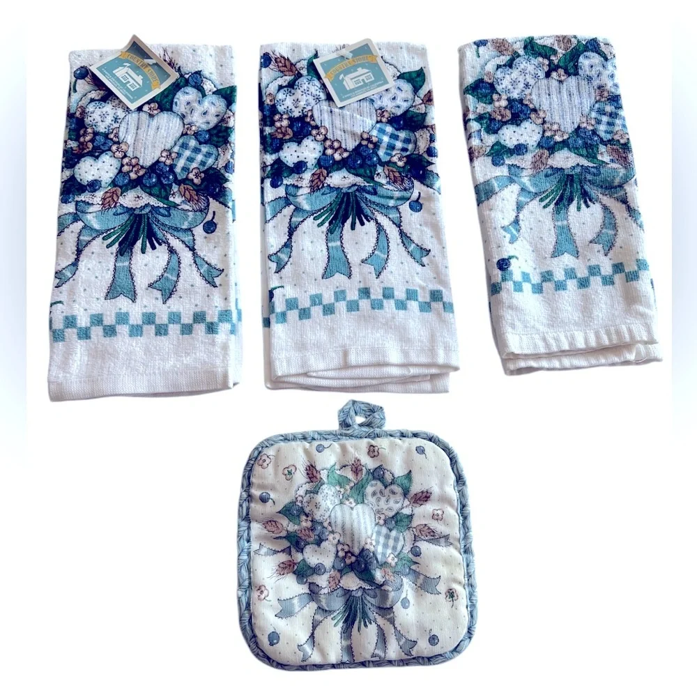Vintage Kitchen Towels Featuring a Blue/Green/Brown Hearts and Ribbon Bouquet.